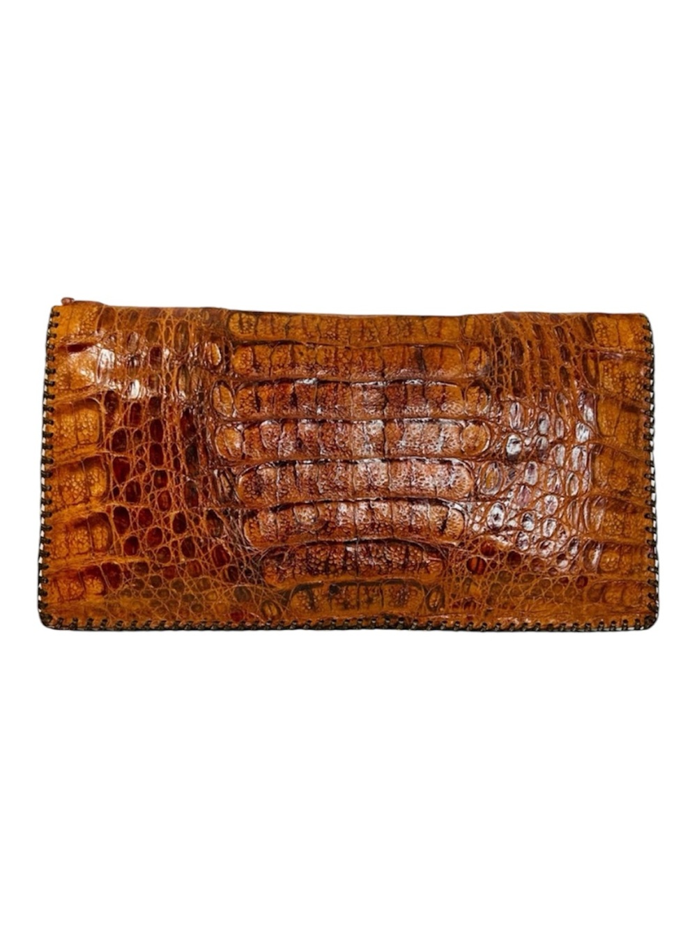 Vintage Mid-Century Genuine Alligator Brown Leather Clutch with Whipstitch Edges